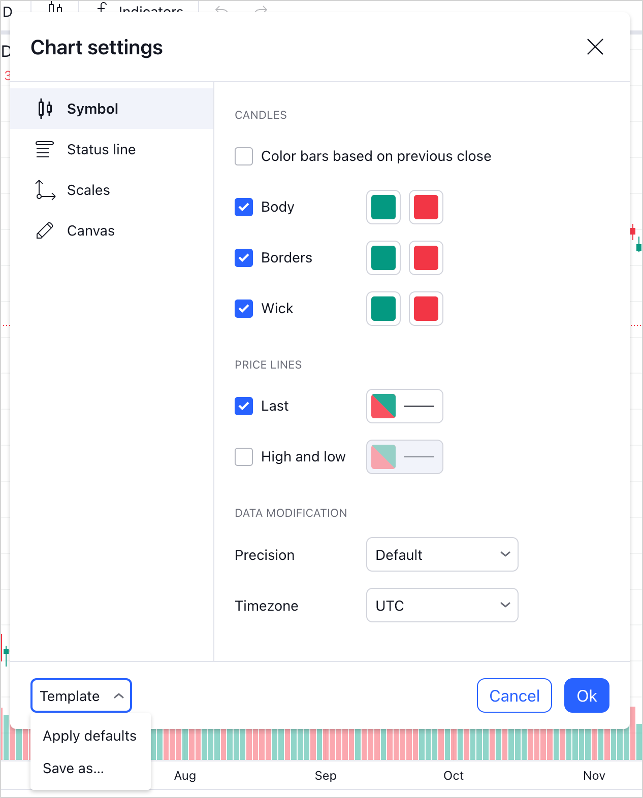 Chart settings menu